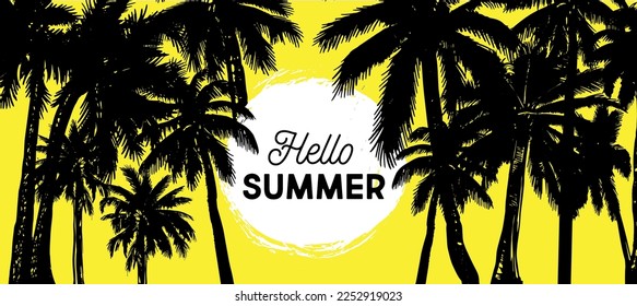 Hola verano, ilustraciones con mano de Palm, vector.