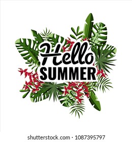 Hello Summer. Palm leaves background. Party poster. Stock vector
