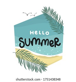 hello summer, palm and seagull, sea and beach, lettering hand drawing calligraphy, vector illustration