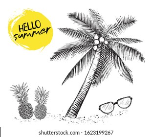Hello Summer, palm tree, glasses, pineapple. Hand drawn illustration. 