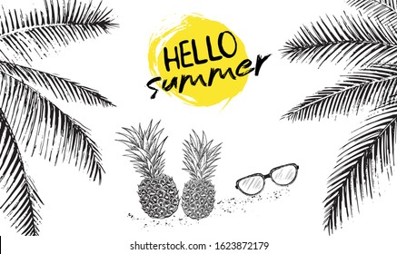 Hello Summer, palm tree, glasses, pineapple. Hand drawn illustration. 