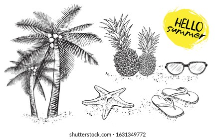 Hello Summer, palm tree, glasses, pineapple. Hand drawn illustration. 