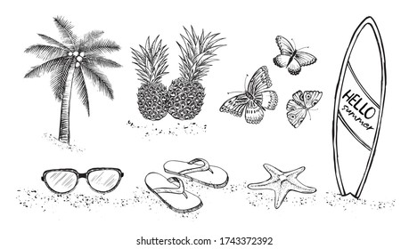 Hello Summer, palm tree, glasses, pineapple. Hand drawn illustration.	