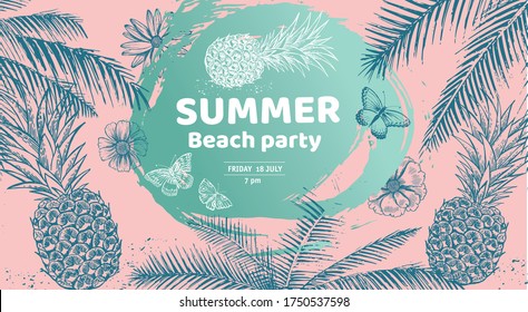 Hello Summer, palm tree, glasses, pineapple. Hand drawn illustration.