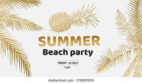 Hello Summer, palm tree, glasses, pineapple. Hand drawn illustration.