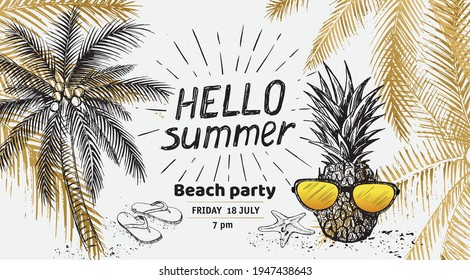 Hello Summer, palm tree, glasses, pineapple. Hand drawn illustration.	