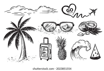 Hello Summer, palm tree, glasses, wave, pineapple. Hand drawn illustration.