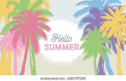 Hola Summer, Palm tree, ilustraciones dibujadas a mano, vector.	