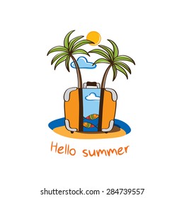 Hello summer. Palm trees on the island with a suitcase. Vector illustration