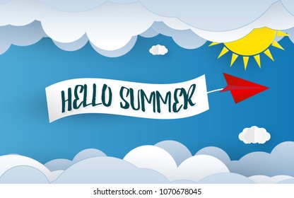 Hello summer paper art background. Blue sky and cloud element. Holiday and Vacation concept. Paper cut and Wallpaper theme. Vector illustration graphic design template
