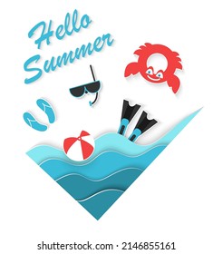 Hello summer paper cut background with blue wave splash and sea beach activity  elements floppers, snorkel mask, water matrass