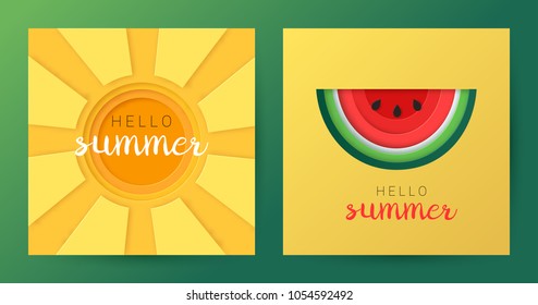 Hello Summer paper cut backgrounds. Paper sun and watermelon illustrarion. Vector design