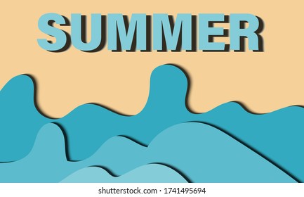 Hello Summer Paper Cut Design. Blue Wave, Beach, Seaside Paper Cut. Vector Design. 