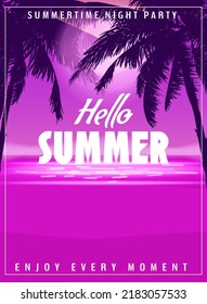 Hello Summer party background with palms, design template, flyer. Summertime poster