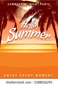 Hello Summer party background with palms, design template, flyer. Summertime poster
