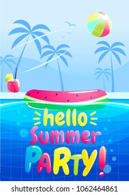 Hello summer party banner design. Swimming pool in the aquapark. Vector cartoon illustration