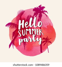 Hello Summer Party. Modern calligraphic T-shirt design with flat palm trees on bright red colorful watercolor background. Vivid cheerful optimistic summer flyer, poster, fabric print design in vector