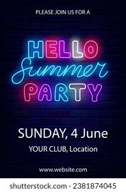 Hello summer party neon flyer. Vertical poster template. Sea coast event celebration. Season event flyer. Dance event greeting card. Glowing banner. Editing text. Vector stock illustration
