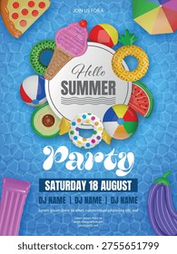 hello summer party poster with 3d colorful inflatables on pool water texture. pool party flyer	