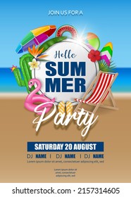 hello summer party poster with inflatables and summer elements on beach background