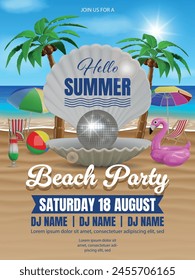 hello summer party poster with open shell with disco ball on tropical beach landscape. beach party flyer