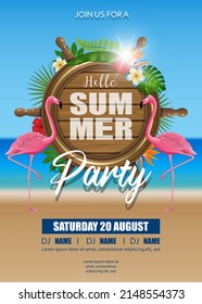 hola cartel de fiesta de verano con flamencos rosas y plantas tropicales en el fondo de la playa