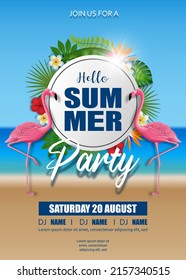 Hello summer party poster with pink flamingos and tropical plants on beach background