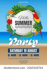 hello summer party poster with tropical plants and birds. summer party flyer