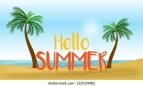 Hello Summer party time vector illustration in beach with tropical coconut tree and sunrise background.