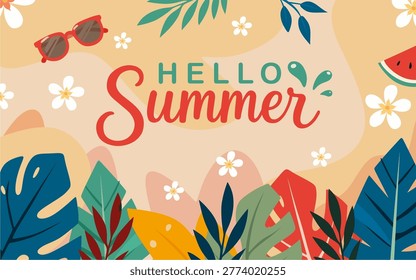 Hello Summer Pastel Background with Tropical Decorative Objects. Creative Hello Summer illustration with pastel tropical decorations, floral accents, and beach vibes. Stylish flat artwork suitable for social media templates, party invitations, seasonal advertising, lifestyle branding, and summer-themed projects.