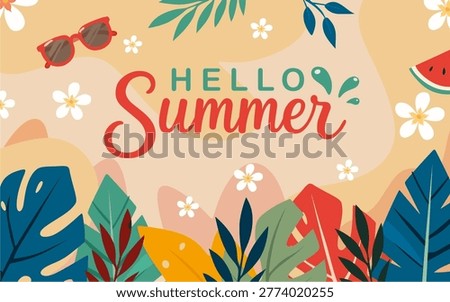 Hello Summer Pastel Background with Tropical Decorative Objects. Creative Hello Summer illustration with pastel tropical decorations, floral accents, and beach vibes. Stylish flat artwork suitable for social media templates, party invitations, seasonal advertising, lifestyle branding, and summer-themed projects.