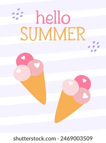 Hello summer pastel poster. Hand-drawn ice creams in waffle cones. Striped purple vector background.