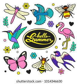 Hello Summer patches collection. Vector illustration of colorful doodle summer birds and insects, such as hummingbird, flamingo, swallow, blue jay, dragonfly, butterfly and bee. Isolated on white.