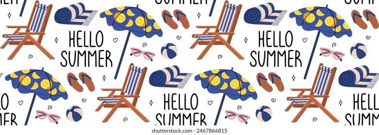 Hello summer pattern. Beach holiday elements. Background with sunbed, umbrella, towel and doodle elements. Tropical vacation. For textile, packaging, wallpaper, scrapbooking. Vector illustration.