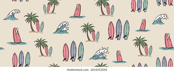 Hello Summer, pattern with surfboard, palm tree and wave, hand drawn illustration.	