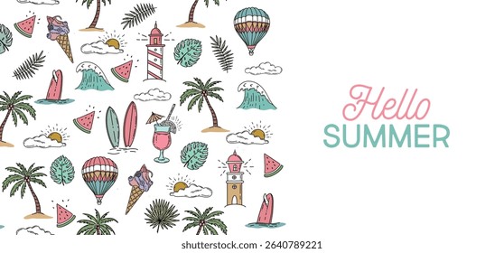Hello Summer, pattern with surfboard, palm tree and wave, hand drawn illustration.	