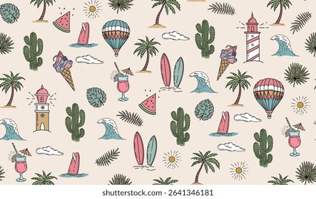 Hello Summer, pattern with surfboard, palm tree and wave, hand drawn illustration.