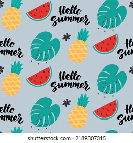 Hello summer pattern vector illustration with pineapple, watermelon and tropic leaf isolated on white background.