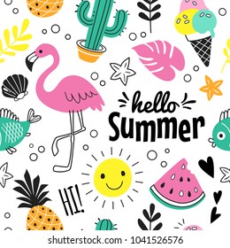 Hello Summer pattern. Vector seamless pattern with funny summer symbols, such as flamingo, ice cream, cactus, pineapple and watermelon in doodle style. Isolated  on white.