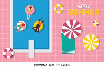 Hello summer. People chilling on the pool float in the swimming pool, enjoy summer and relax. Vector illustration