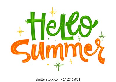 Hello Summer phrase. Hand drawn modern calligraphy summer lettering quote. Simple isolated text with stars decor in green, orange colors logo. Print, invitation, card, poster design element.