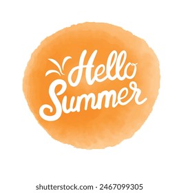 Hello Summer phrase on colored spot. Summer Time logo Templates. Isolated Typographic Design Label. Summer Holidays lettering for invitation, greeting card, prints and posters. Vector illustration.