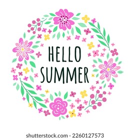 Hello summer phrase on the square card. Floral colourful ornamental banner with flowers, leaves, branches pattern. Brochure design shades of pink, yellow and green. EPS 10 vector illustration.