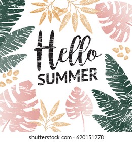 Hello Summer Phrase, retro lettering on white background with palms Vector illustration EPS10