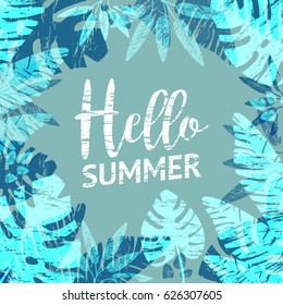 Hello Summer Phrase, retro lettering on blue background with palms 