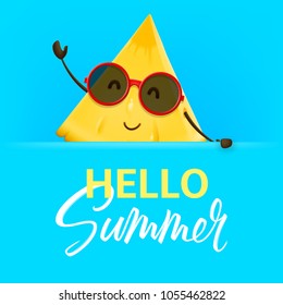 Hello summer with pineapple character. Vector illustration of cartoon slice of tropical fruit. Color banner with lettering.