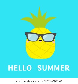 Hello summer. Pineapple fruit icon leaf wearing glasses. Cute cartoon kawaii smiling funny baby character. Sunglasses. Greeting Card. Flat design. Blue background. Isolated. Vector illustration