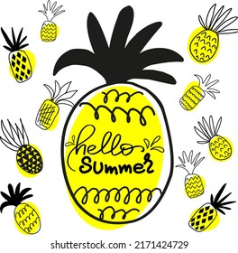 Hello summer, pineapple, lettering, calligraphy, recreation, sea, fruit