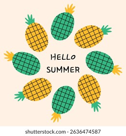 Hello Summer Pineapple Vector Illustration Frame or Template.