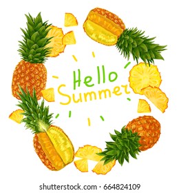 Hello Summer. Pineapple. Vector illustration. Flayers, Invitation, Posters, Brochure, Discount. Trendy Design Template. Exotic tropical fruit. Sketch.